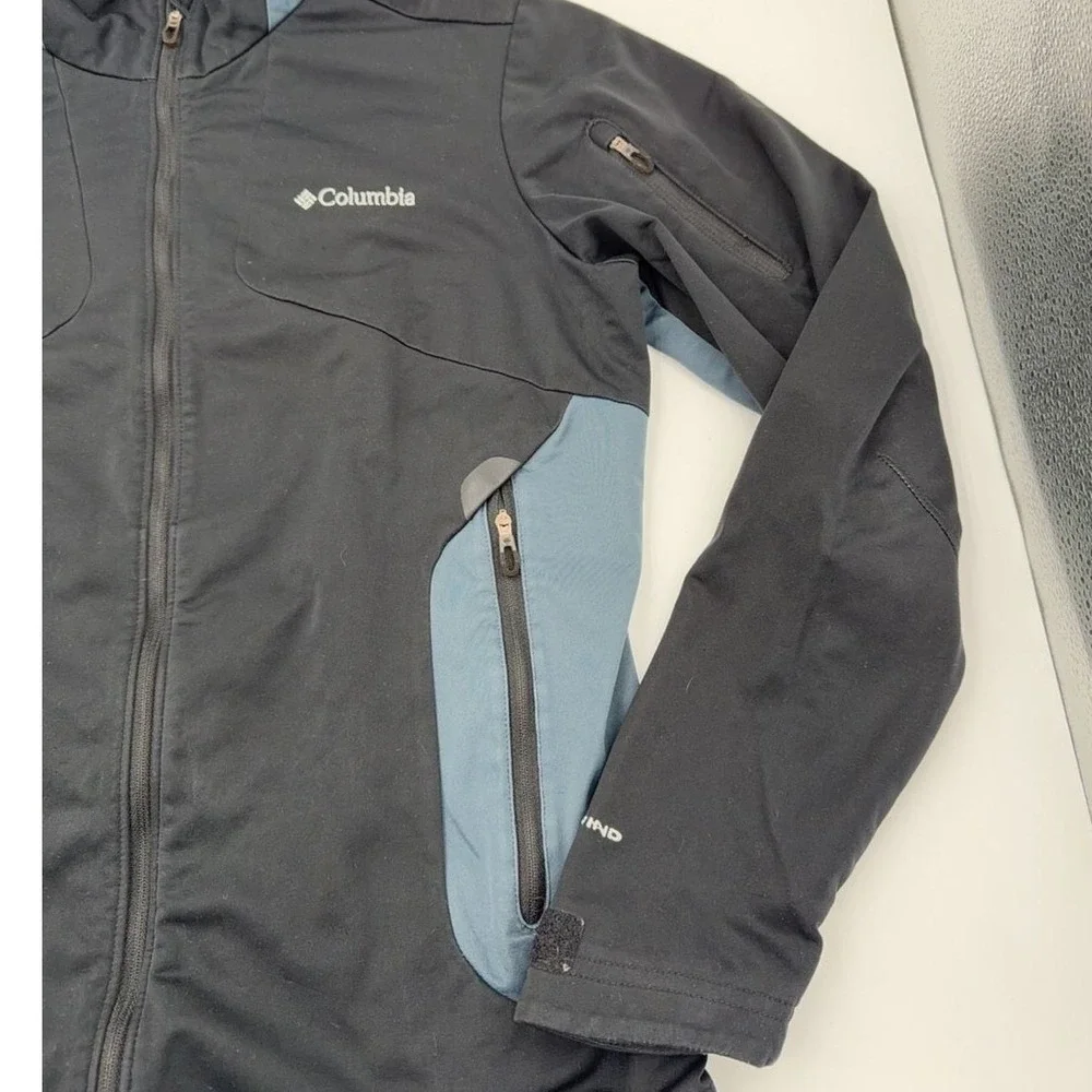 Columbia Softshell Jacket‎ M Omni-Wind Block Full Zip Outdoor Hiking Black Blue